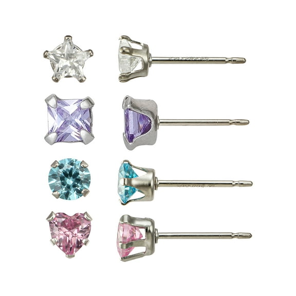 Brilliance Fine Jewelry Girl’s Sterling Silver CZ Multi-Stud Earring Set, 4 Pairs