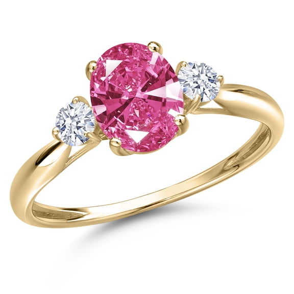 Gem Stone King 10K Yellow Gold Pink Zirconia and White Zirconia 3-Stone Ring for Women | 1.43 Cttw | Oval 8X6MM | Gemstone Birthstone | Size 9