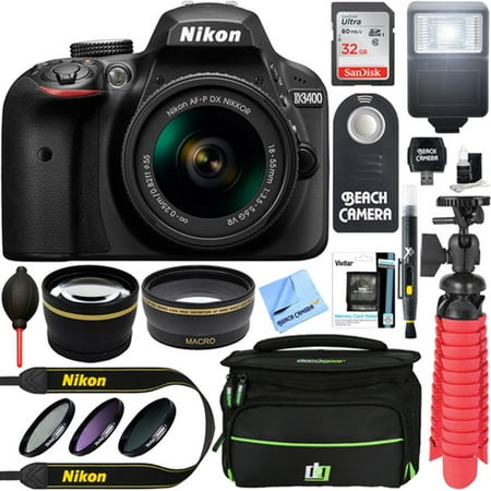 Nikon D3400 24.2 MP DSLR Camera + AF-P DX 18-55mm VR NIKKOR Lens Kit + Accessory Bundle 32GB SDXC Memory + SLR Photo Bag + Wide Angle Lens + 2x Telephoto Lens + Flash + Remote + Tripod+Filters (Best Dx Wide Angle)