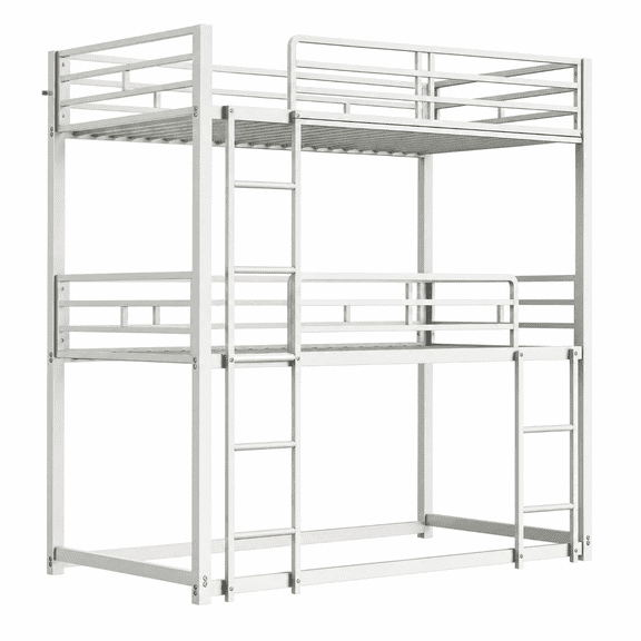 LIKIMIO Triple Bunk Bed, Twin Over Twin Over Twin with Ladders & Guardrails, Heavy Duty Metal Bed Frame, No Box Spring Needed, White