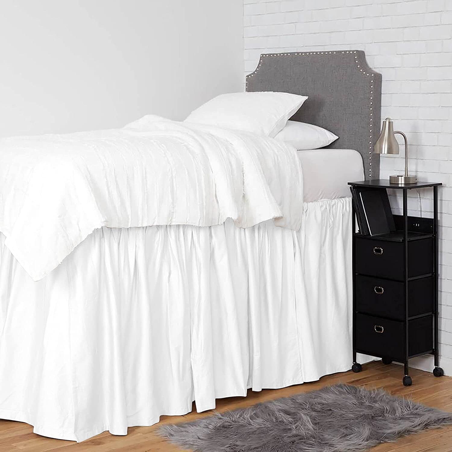 BEDDING BEGS College Dorm Bed Skirt, Ruffled Bed Skirt for Dorm Bed, Twin XL Size, 100% Microfiber, 36" Tailored Drop-White Solid.