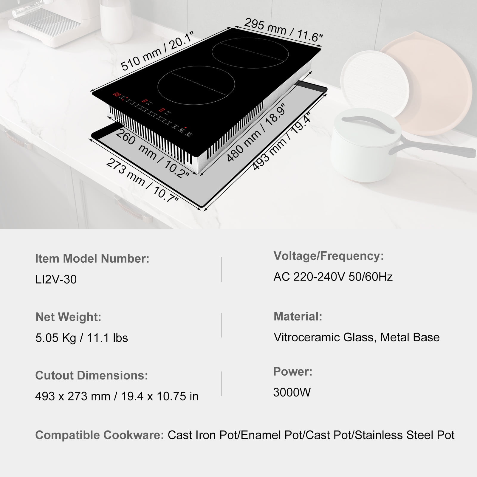 KFFKFF Induction Cooking Plate, Dual Burners, 12'' Magnetic Built-in Stove, 3000W Power, 9 Adjustable Heat Levels, LED Touch Display with Child Safety Lock & Overheat Protection