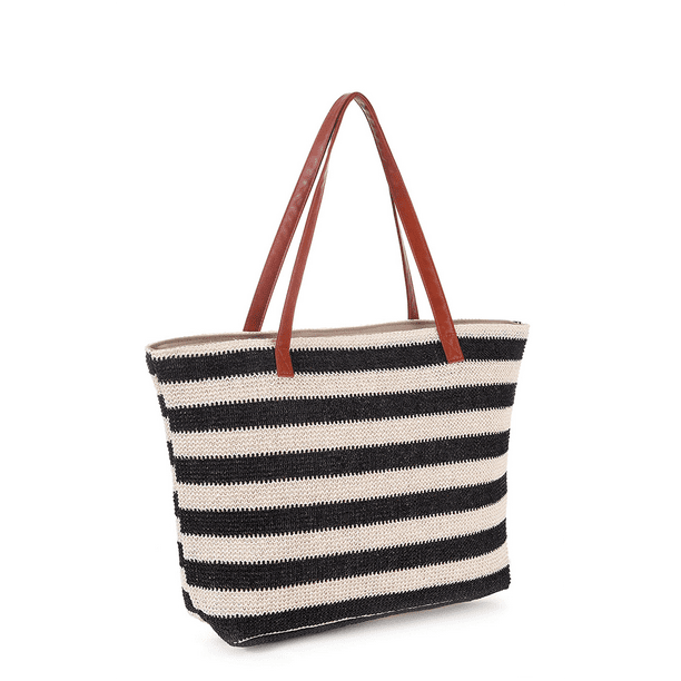 Sandproof Straw Beach Bag with Zipper , Stripe Big Large Bags Tote with