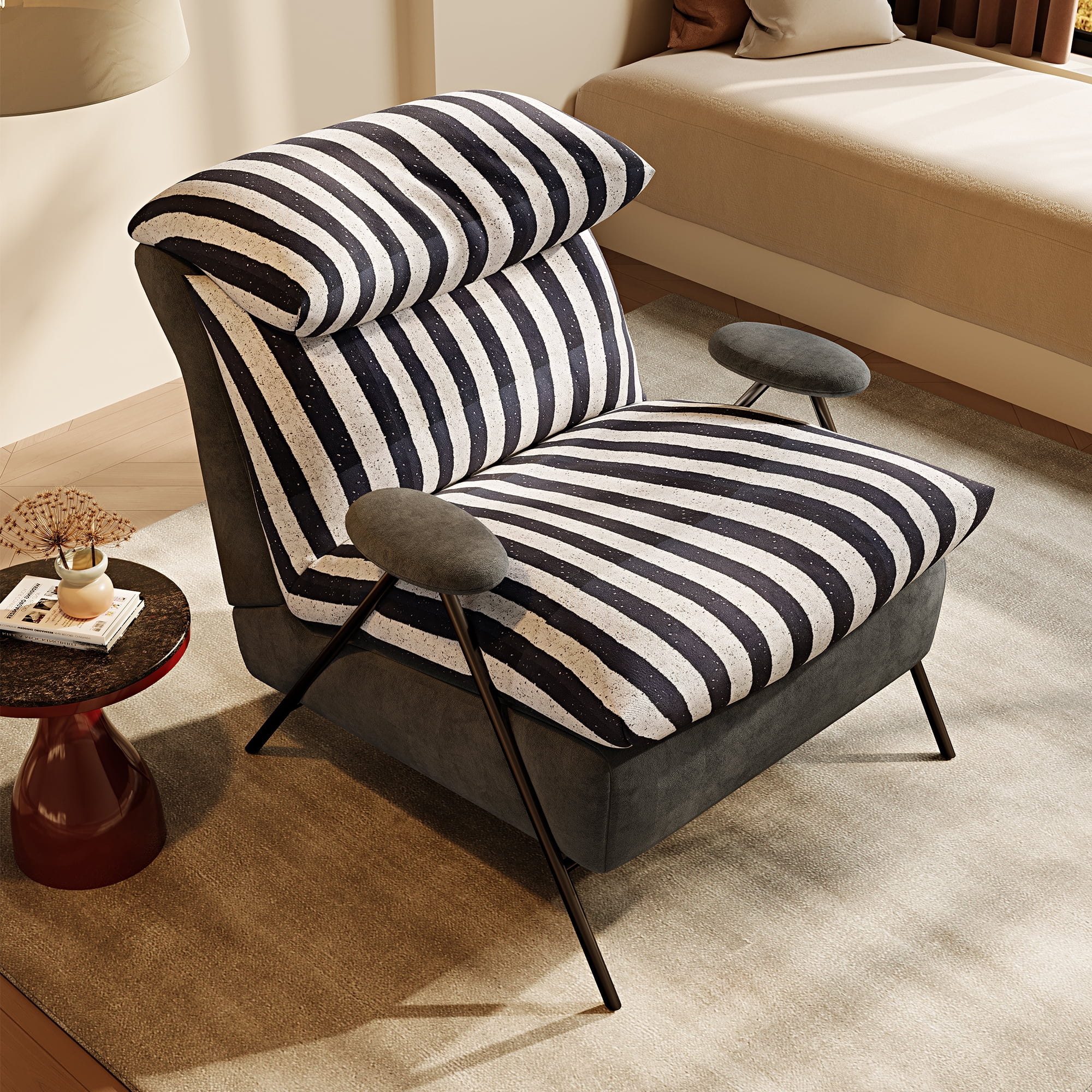 Howcool Modern Upholstered Accent Chair,Armchair with Wide Cushioned Seat,Ergonomic Lounge Chair with Solid Wood Frame for Living Room,Bedroom,Grey striped