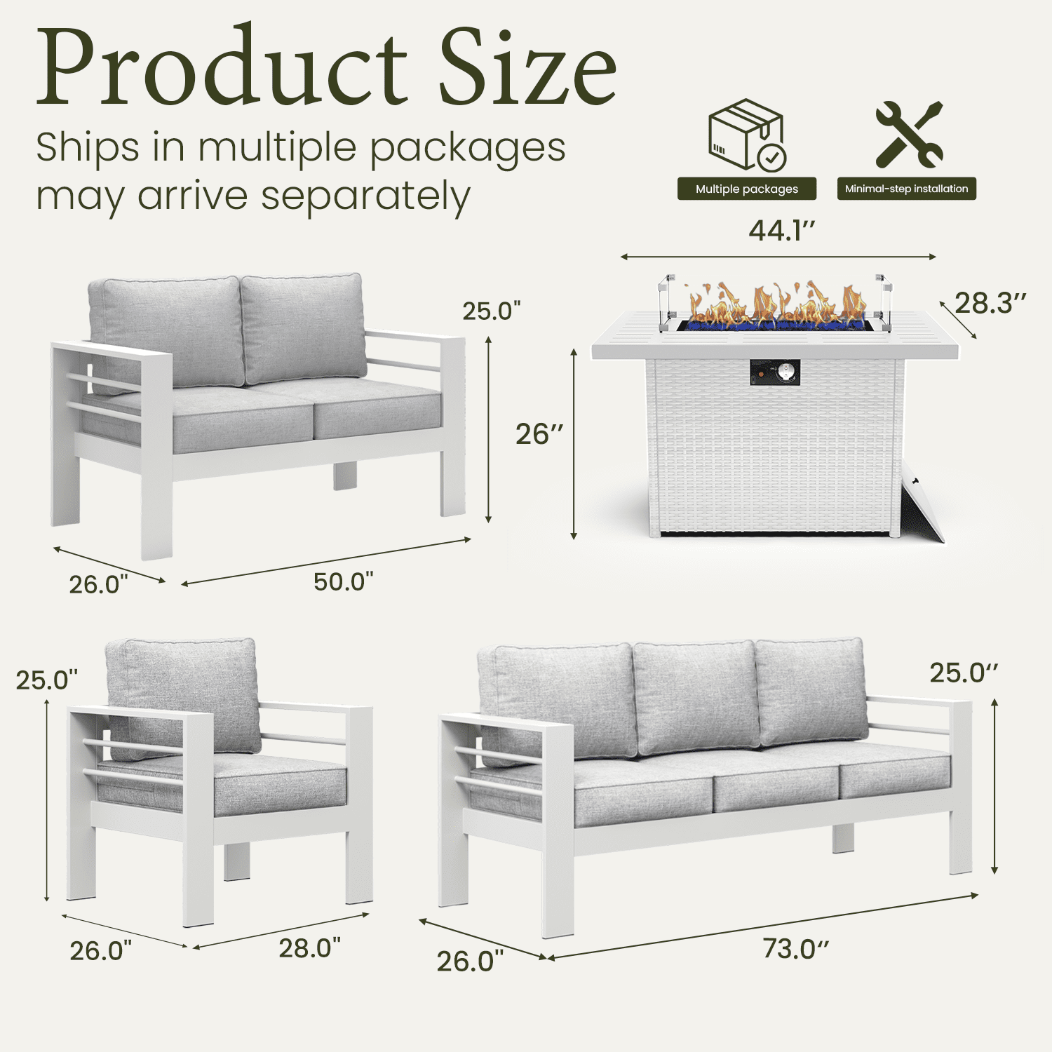 LayinSun Aluminum Furniture Set with Fire Pit Table, 5 Pieces Patio Sectional Conversation Chat Sofa Modern Seating Set