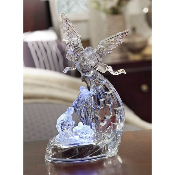 CC Christmas Decor Set of 2 Clear Angel with Holy Family LED Tabletop Decors 12"