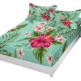Tropical Flower Blossoms Hibiscus Green Leaf Fitted Sheet Set for King
