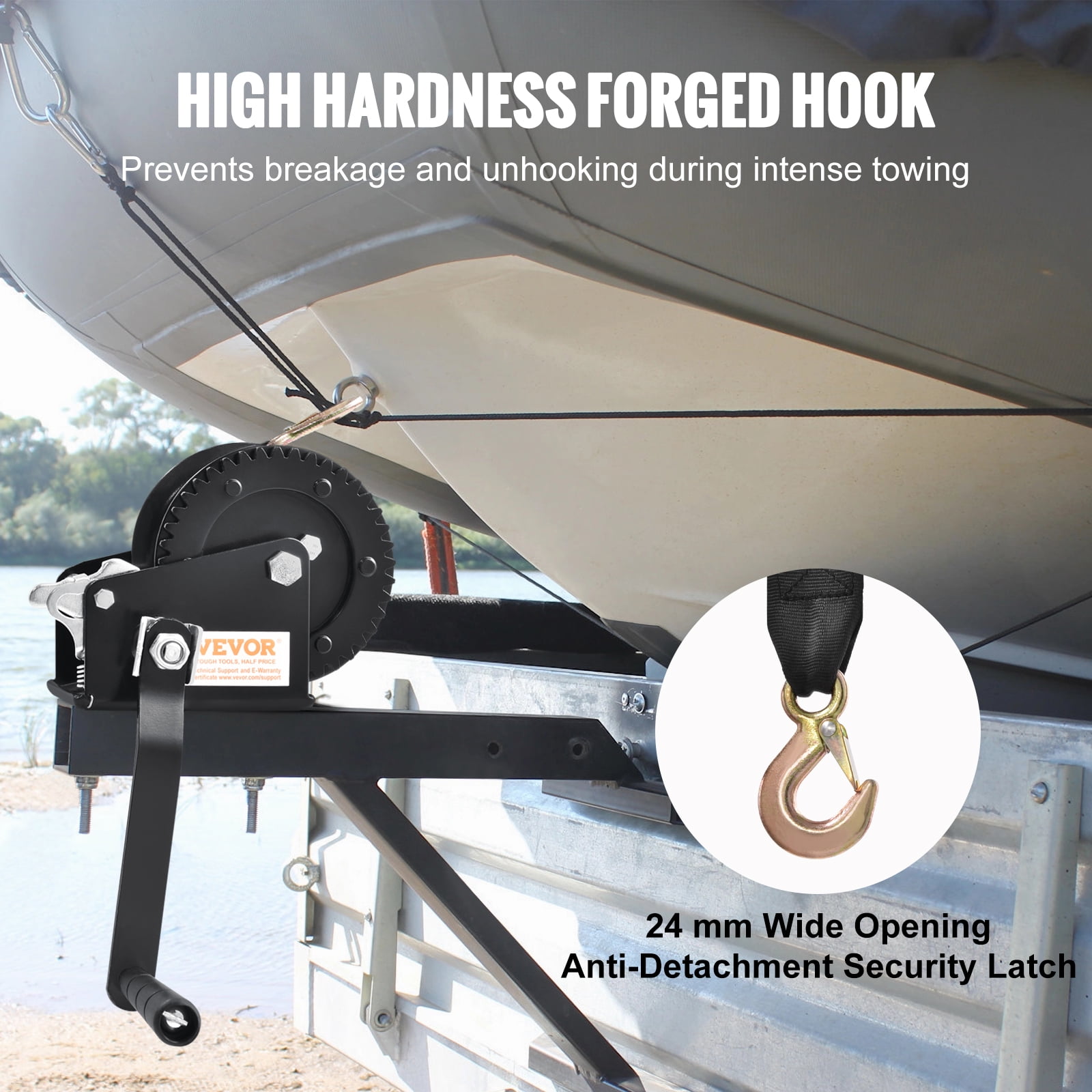 KFFKFF Hand Winch Heavy Duty Hand Crank 1200lbs 23ft Polyester Strap for Boat/ATV