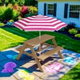thumbnail image 2 of Wubio Kids Wooden Picnic Table, Outdoor Activity & Dining Table w/Adjustable Collapsible Umbrella, Built-in Seats - Natural/Dark Pink, 2 of 16