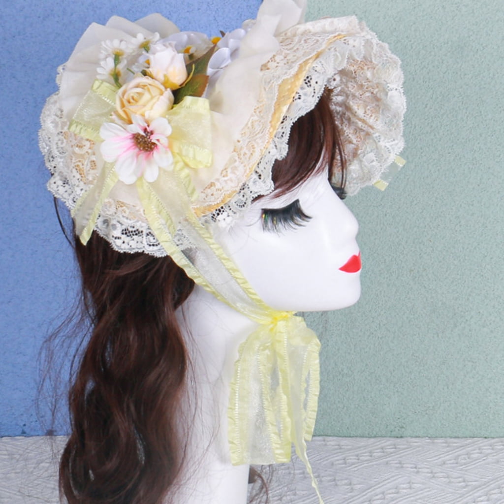 T-HOTLYST Victorian Lace Designs Straw Bonnet Hat For Women With Ruffled Trim and Rose Flower For Cocktail Party And Cosplay Event