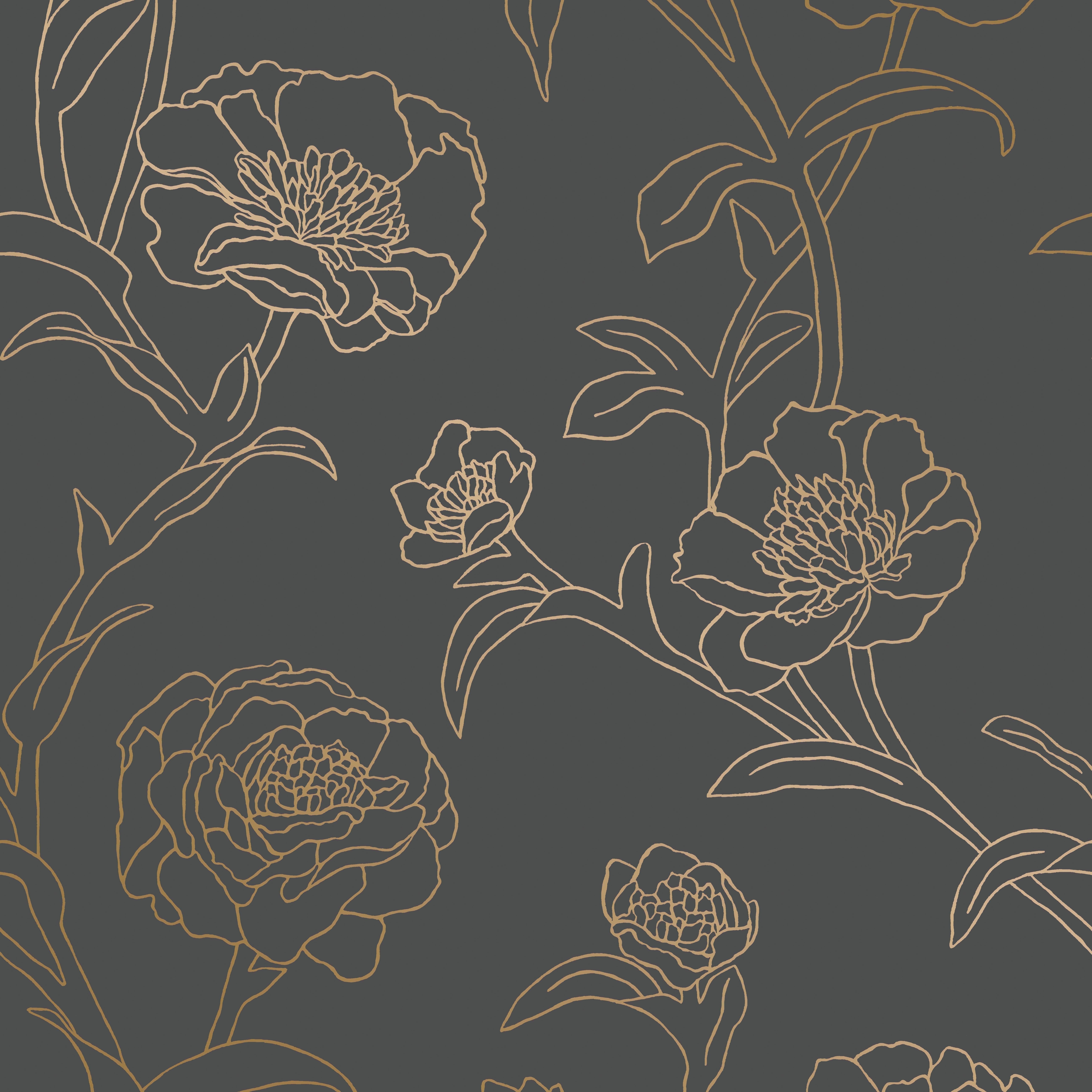 Tempaper Peonies Metallic Gold and Noir Floral Peel and Stick Wallpaper, 20.5" x 16.5'
