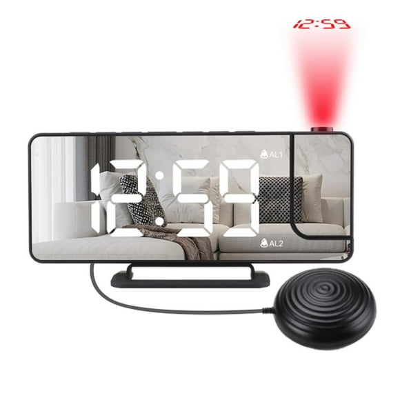 POINTERTECK Projection Vibrating Mirror Digital with 2 Sets of Snooze Function Bed Shaker USB Output for Heavy Sleepers