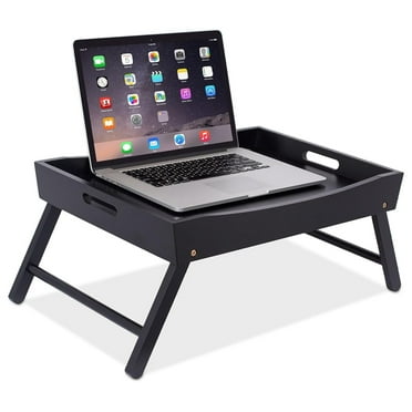 Wood Bed Tray for Eating | TV Tray with Folding Legs | Laptop Table | Wide Breakfast Serving Lap Desk with Sides & Handles | Black
