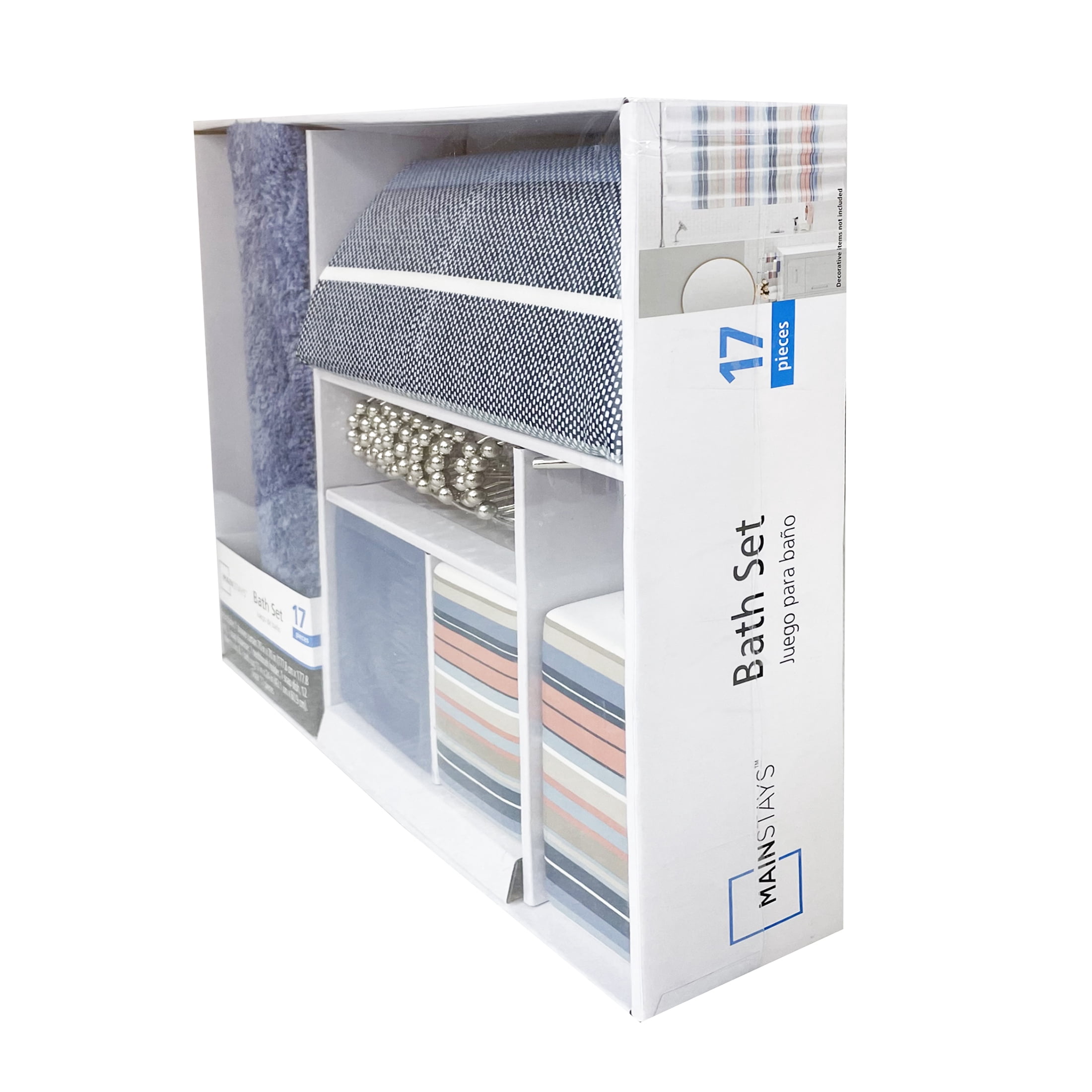 Mainstays 17-Piece Stripe Polyester/Ceramic Shower Curtain & Bathroom Accessory Set, Multi-Color