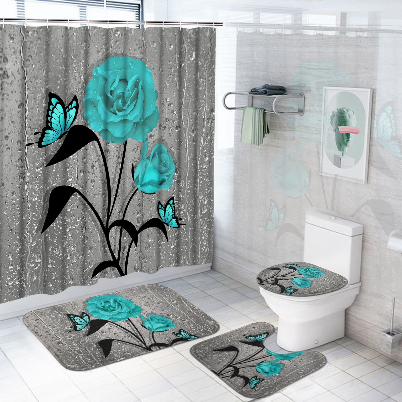 Ikfashoni Teal Gray Rose Bathroom Sets, 16pc Floral Butterfly Fabric Shower Curtains and Bath Rug Set