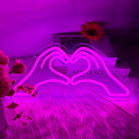 Heart Hands Neon Sign for Wall Decor, Pink Love Hand Neon Light with Dimmer and USB, Gift for Girls Led Light Up Sign for Bar, Hotel, Cafe, VIP Room, Home Decoration