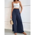 thumbnail image 2 of Women Linen Palazzo Pants Wide Leg Summer Boho High Waist Casual Lounge Pants Beach Travel Vacation Outfits Navy Blue XL, 2 of 8