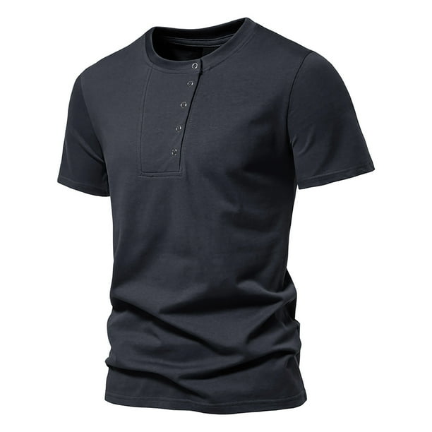 Camisas Elvqul para Hombre Gris Oscuro Playa Algodón Manga Corta sin Estampado Cuello Redondo