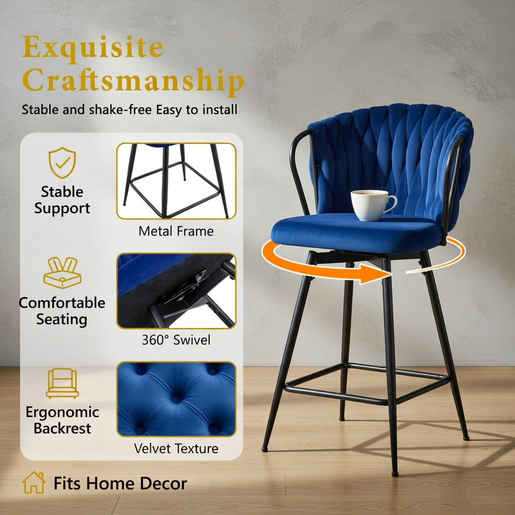 Hommoo 2-Pack Modern Velvet Bar Stools with Woven Rope Backrest & Black Metal Frame, Counter Height Kitchen Island & Home Bar Seating, Blue