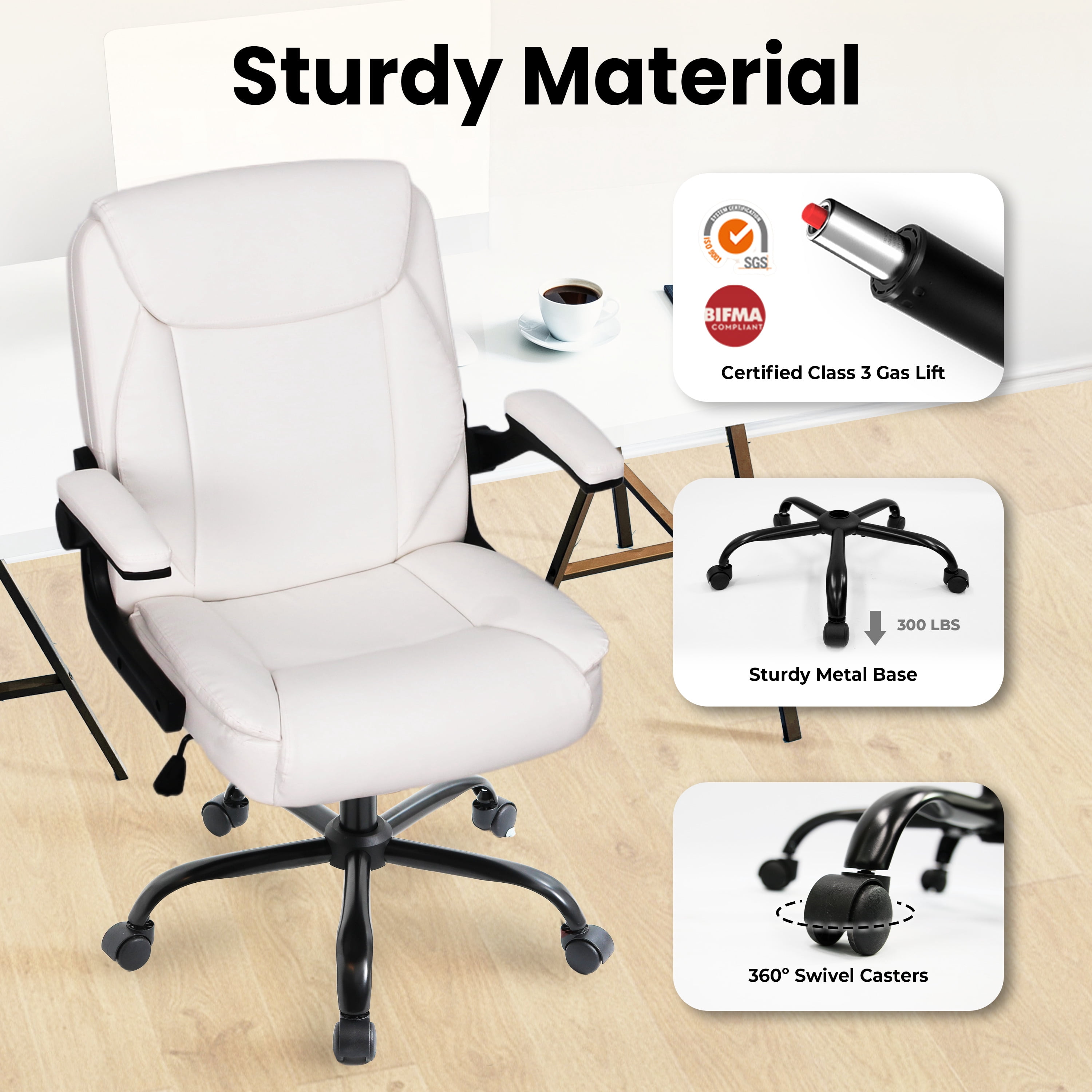 NEO CHAIR Desk Office Gaming Computer Chair Ergonomic Executive Mid-Back Leather with Adjustable Padded Flip-Up Armrests Cushion Wheels Swivel for Home Study Task (White)