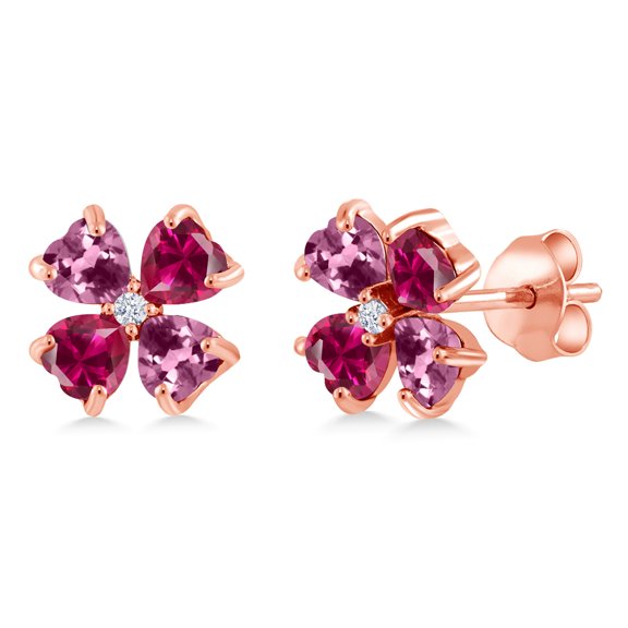 Gem Stone King 18K Rose Gold Plated Silver Pink Tourmaline and Red Created Ruby Earrings for Women | 2.15 Cttw | Gemstone October Birthstone | Heart Shape 4MM