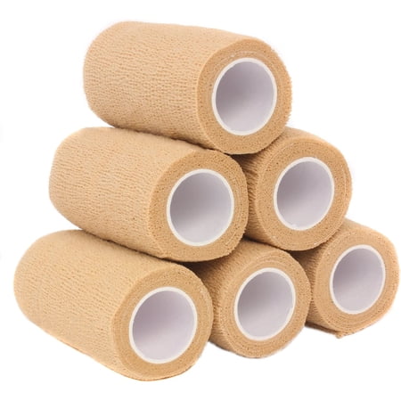 Self Adherent Cohesive Wrap Bandages, 4” x 5 Yards for First Aid, Sprains, Swelling, Sports, Pets, Tan – 6 Count