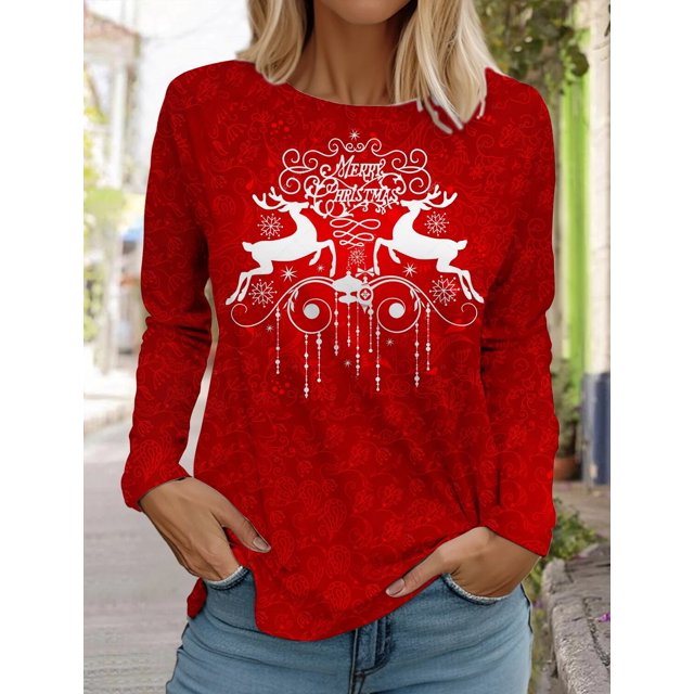 Navidad Mujer Manga larga Otoño Y2k Harajuku Ropa de calle Ropa casual diaria Patrón de alce de mujer grande