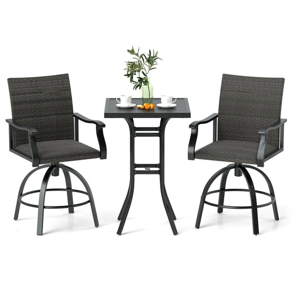 Gymax 3 PCS PE Wicker Patio Swivel Bar Set Table & Chairs w/ Quick-Drying Foam