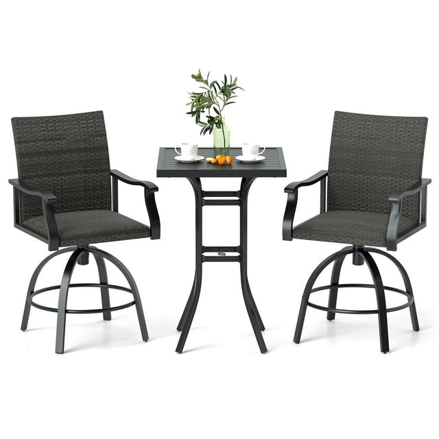 Gymax Ensemble de Bar Pivotant pour Patio en Rotin PE 3 Pcs Table et Chaises avec Mousse à Séchage Rapide