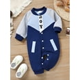 thumbnail image 2 of Chollius Newborn Infant Baby Girls Boys Winter Jumpsuit Set Letter Print Crew Neck Long Sleeve Button Down Patchwork Romper Outfit, 2 of 9