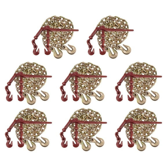 3/8" Grade 70 Chain and Binder Kit | Includes (8) 3/8" - 1/2" G70 Lever Style Snap Binder & (8) 3/8" x 20' G70 Chain w/Grab Hooks | 5400 lbs Safe Load Limit for Truck & Flatbed Trailer