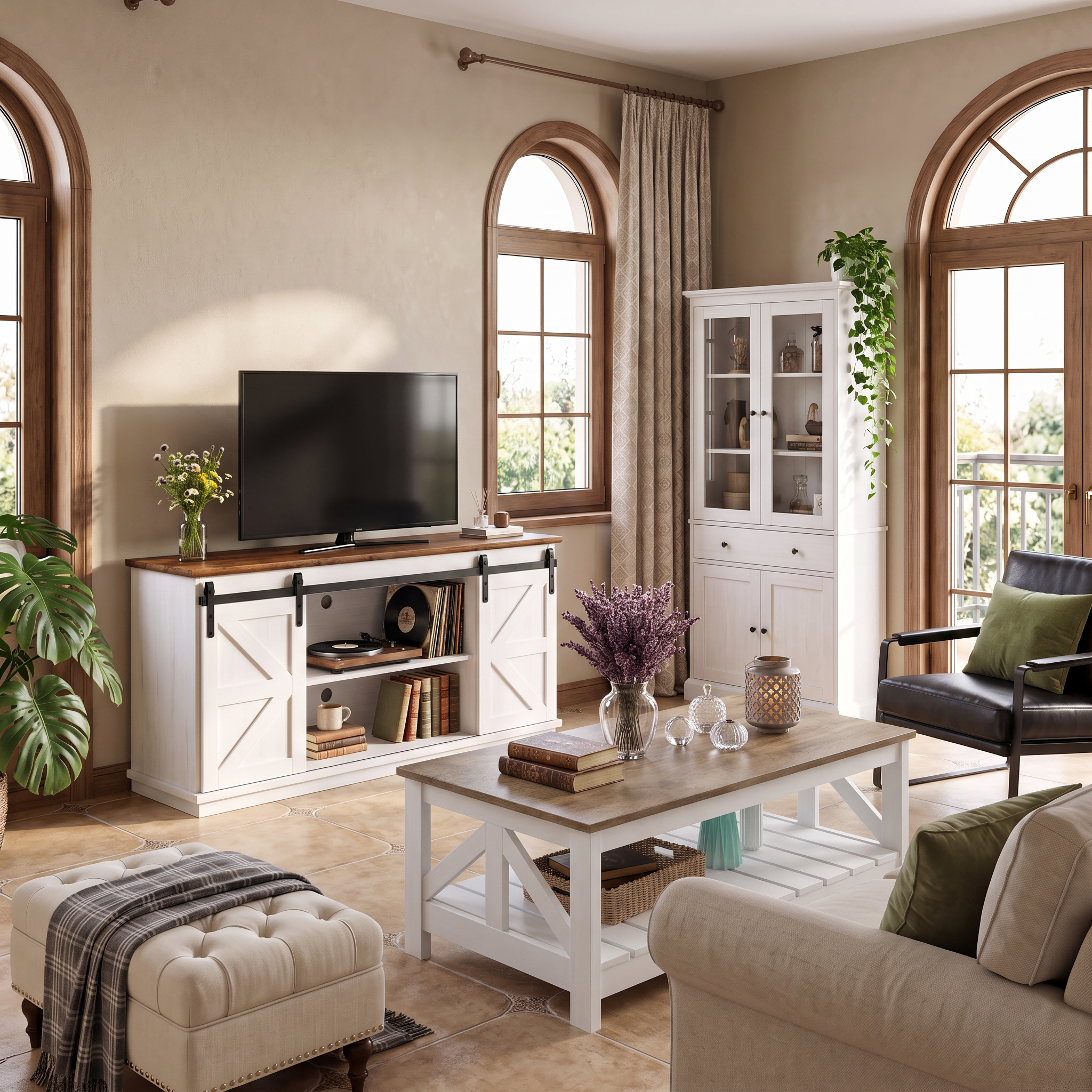 Homall Farmhouse TV Stand for 65 inch TVs with Sliding Barn Doors, White photo 5