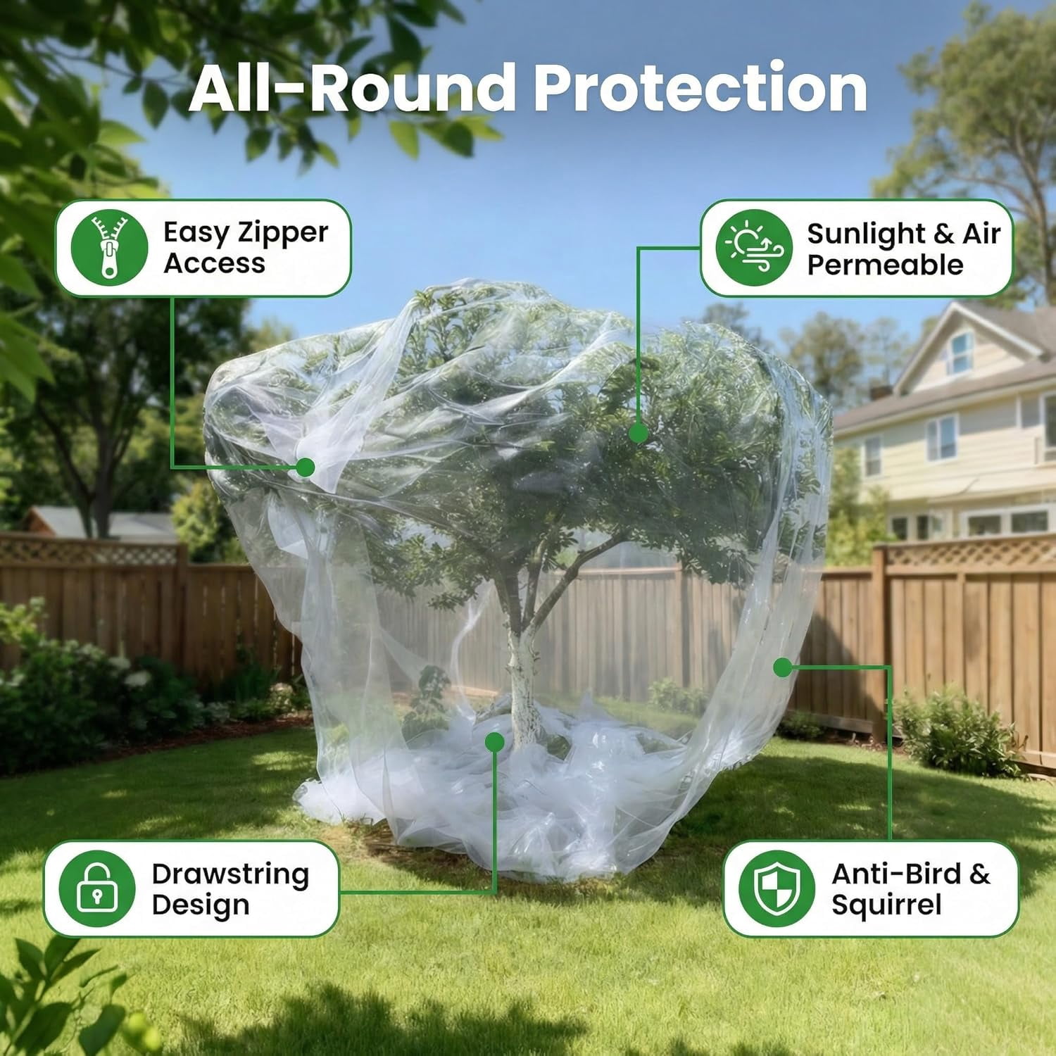 16x16Ft Extra Large Fruit Tree Netting Cover with Zipper & Drawstring, Garden Mesh Netting for Protecting Plants from Birds,Bug& Squirrels,Ultra Fine Weather Resistant Tree Netting