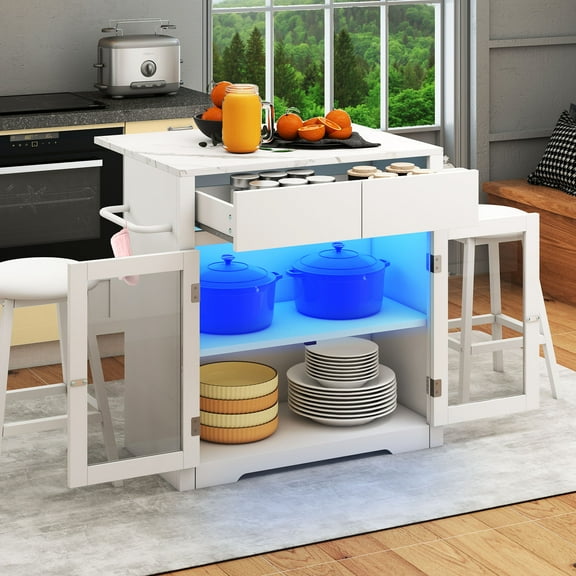 Uforic Kitchen Island Table with Drop Leaf & Seating, Rolling Kitchen Island with Power Outlets & Storage, White