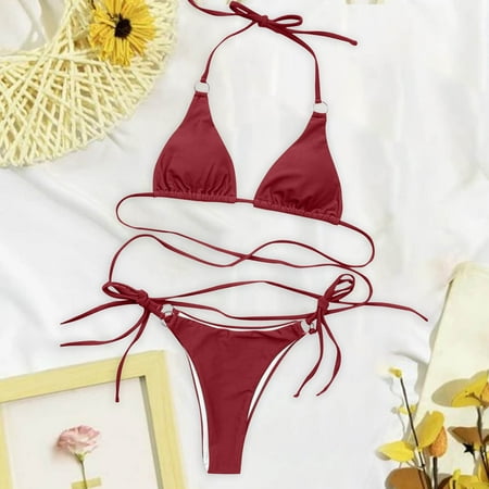 Ayolanni Red Womens Bikini Set Triangle Sling Separate Halter Solid Two-Piece Sets Swimsuit for Teenagers M