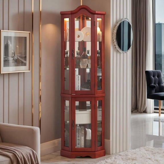 AENKYO Lighted Corner Curio Cabinet, Vintage Glass Display Cabinet with Adjustable Glass Shelves, Cherry