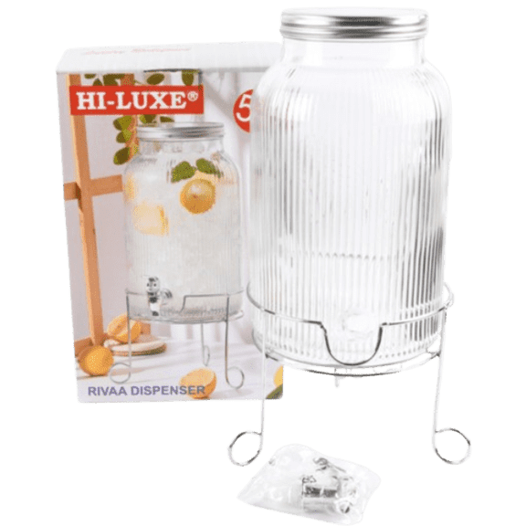 5.5 Liter Glass Beverage Dispenser with Metal Stand, Clear Glass Drink Dispenser for Water, Juice, Iced Tea, Lemonade and Party Beverage Serving
