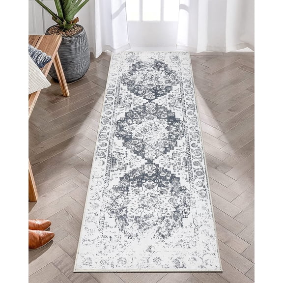 MeyJey Boho Runner Rug for Hallways 2'x6' Gray/White, Non-Slip Machine Washable Oriental Rugs Vintage Indoor Floor Carpet for Bedroom
