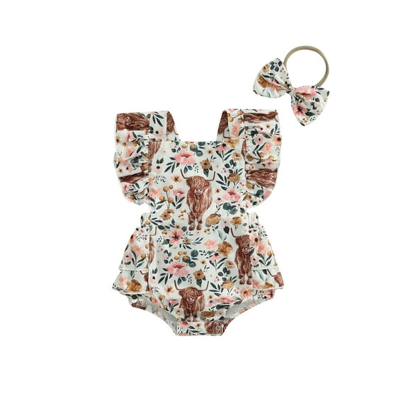BemeyourBBs Western Baby Girls Summer Clothes Newborn Baby Girl Cowgirl Outfit Bubble Romper Summer Fly Sleeve Bull Print Bodysuit Bow Headband