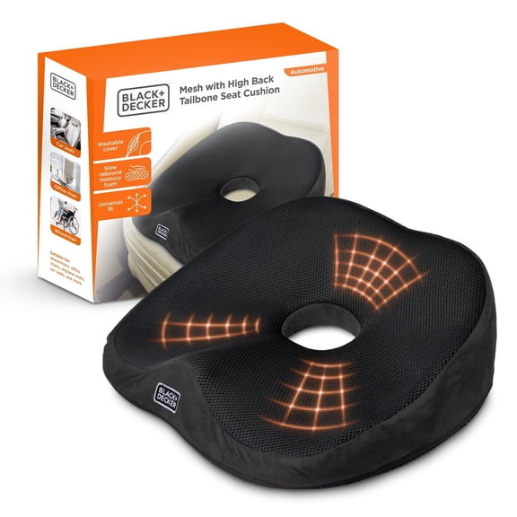 BLACK DECKER High Back Tailbone Seat Cushion Ergonomic Memory Foam Chair Cushion, Black