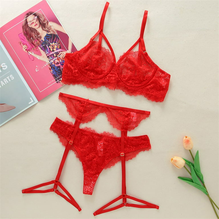 Penkiiy Women Lingerie Women Sexy Solid Color Bralette Panty Lace  Embroidery Lingerie Set Red Sexy Lingerie