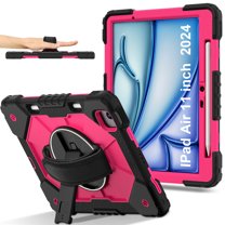 Dteck Case for iPad Air 11 inch 2025/2024 (M3/M2) with Pencil Holder, Shockproof Silicone PC 3 Layer Protection Case Heavy Duty 360° Rotating Hand Strap Kickstand Cover,Black Rose