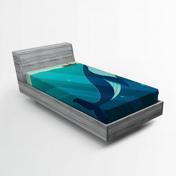 Ambesonne Ocean Fitted Sheet, Sailor Whale with Rays, Twin XL Size, Blue and White