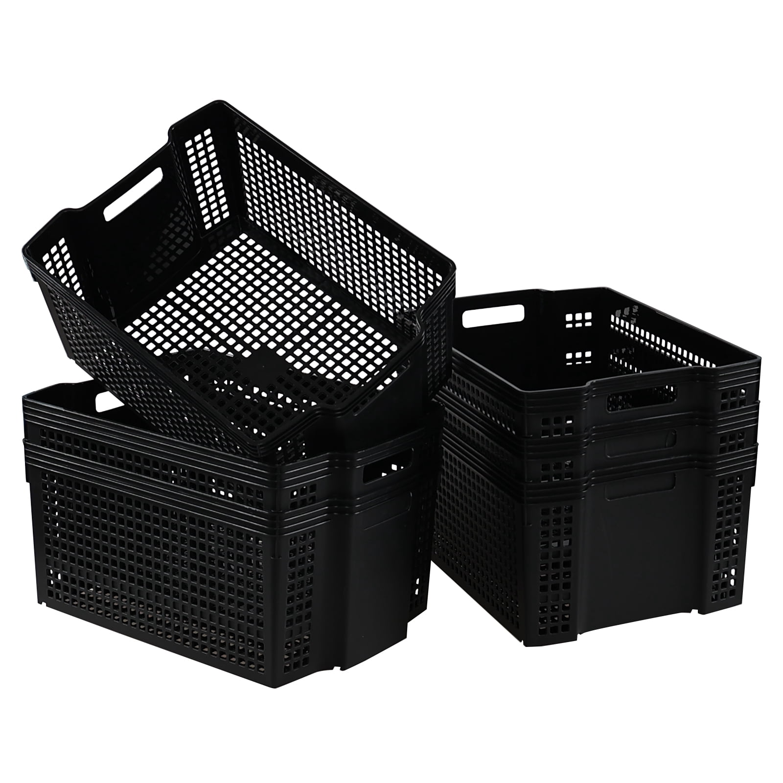 CadineUS 6-Pack Plastic Stackable Baskets with Handles, Rectangle Plastic Storage Basket, Black