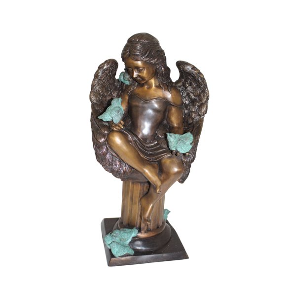 Nifao Angel sitting on Column Bronze Statue – Home Office Decor Sculpture, 10"L x 9"W x 22"H