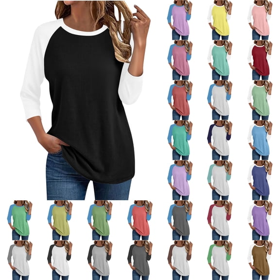 SROBPTY Womens Plus Size Top Solid Crew Neck 3/4 Sleeve Raglan T Shirt