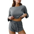 thumbnail image 3 of TrendVibe365 Womens Two Piece Outfits Summer Solid Color Ribbed Knit Crewneck Long Sleeve Shirts and Shorts Fashion Vacation Pajamas Lounge Set Loungewear Summer Outfits, 3 of 3