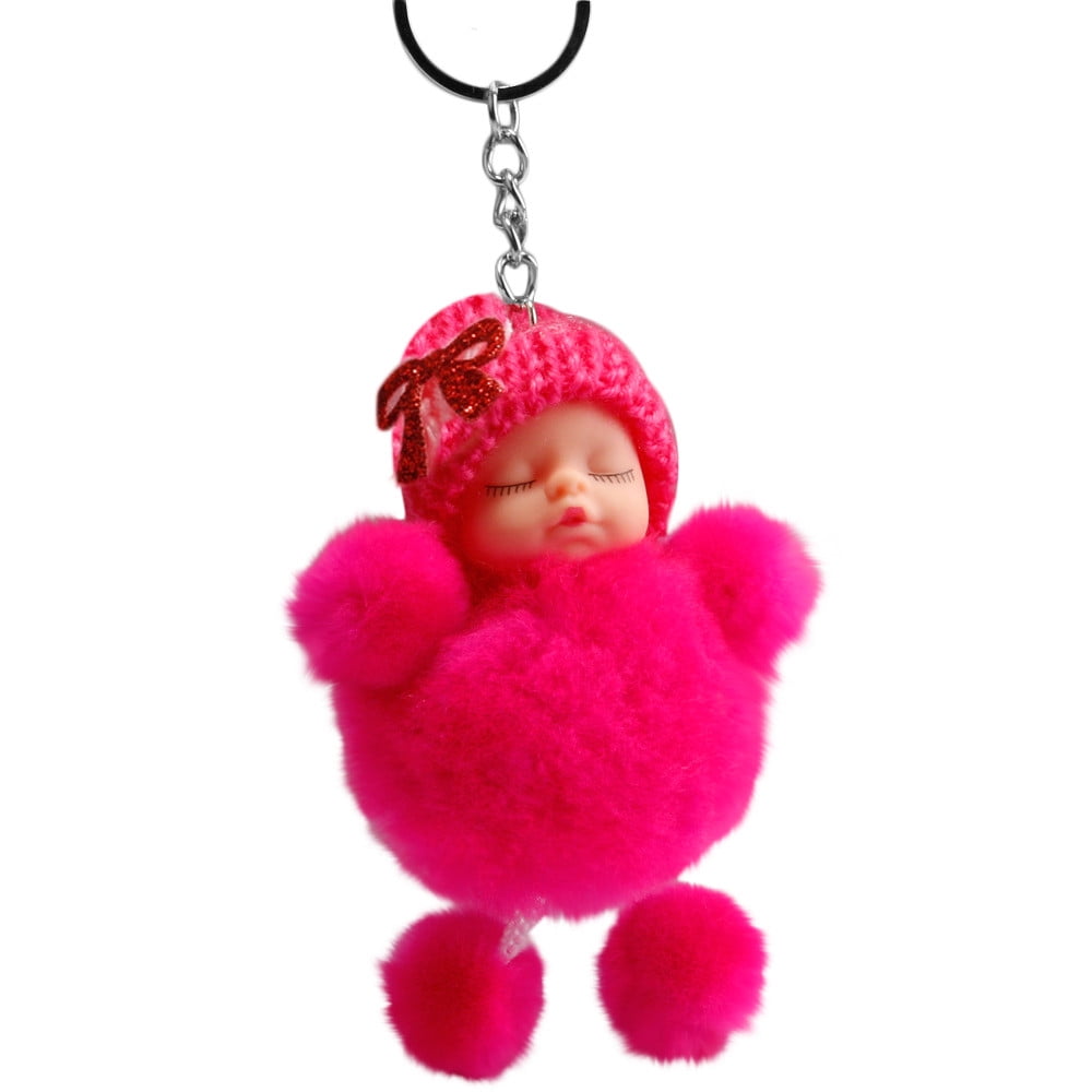 Cute Bowknot Sleeping Baby Bowtie Fluffy Pompom Fur Plush Doll Keychain Key Ring 