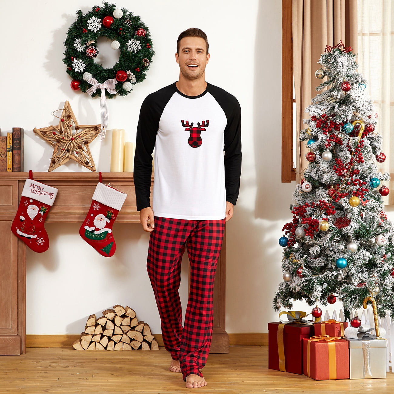 PatPat Christmas Pajamas Plaid Deer Family Matching Pajamas Pants Sets for Men, Black/White, L