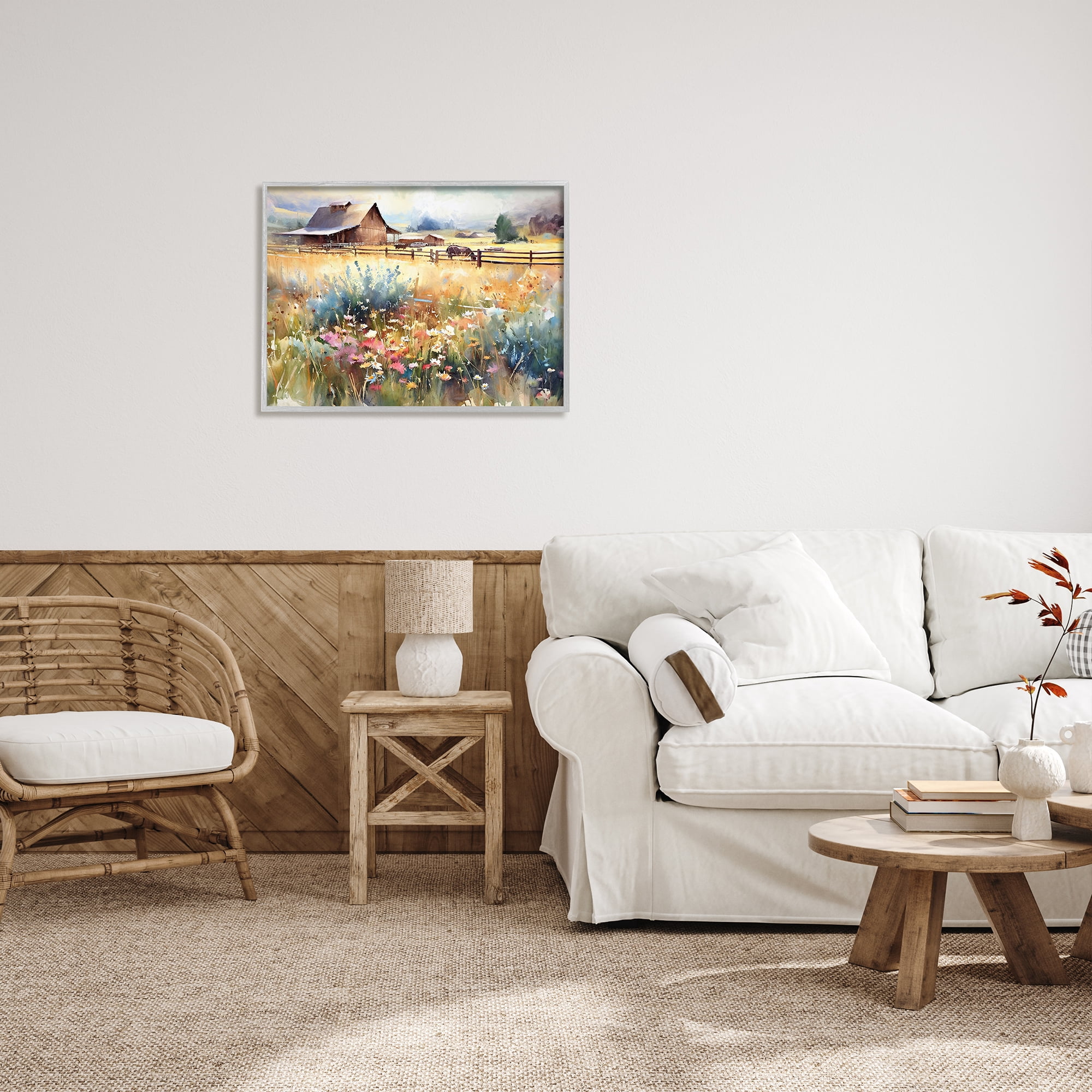 Stupell Industries Horse in Farmhouse Meadow Landscape Painting Gray Framed Art Print Wall Art, 30 x 24